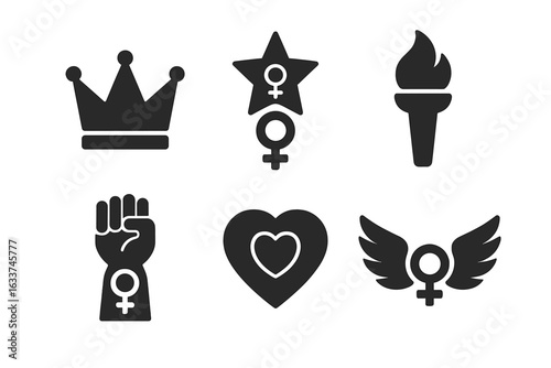 Women Empowerment Icon Set. Feminism Symbols with Crown, Star, Torch, Raised Fist, Heart, Wings. Female Power, Equality, Solidarity, Feminist Vector Illustration. Gender Equality Concept.