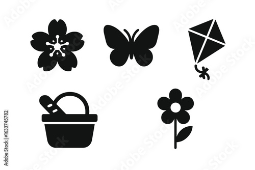 Spring Festival Solid Icon Set, Cherry Blossom, Butterfly, Kite, Picnic Basket, Flower, Nature Activities, Seasonal Decor, Black Silhouette Vector Illustration, Outdoor Springtime Elements