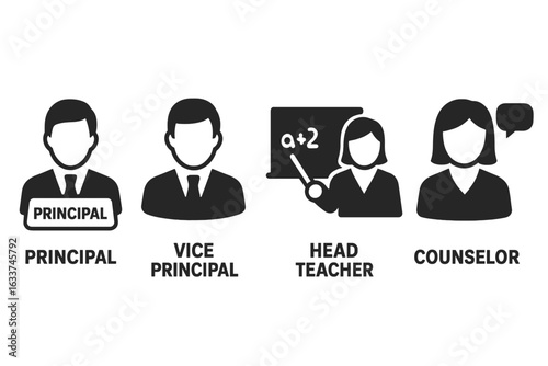 School Leadership Icons Set, Solid Filled Vector Illustrations of Principal, Vice Principal, Head Teacher, Counselor, Educational Management Roles and School Administration Symbols
