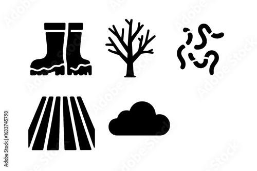 Spring Fieldwork Vector Icons Set, Solid Silhouette Symbols for Early Spring Agriculture, Muddy Boots, Bare Tree, Earthworms, Tilled Soil Rows, Cloud Weather, Farming, Garden Preparation