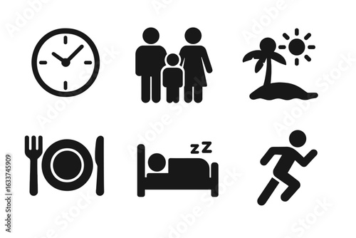 Work Life Balance Icon Set. Family, Vacation, Healthy Lifestyle, Eating, Sleeping, Exercise. Solid Filled Vector Symbols. Time Management, Wellbeing, Relaxation, Fitness, Wellness Concepts
