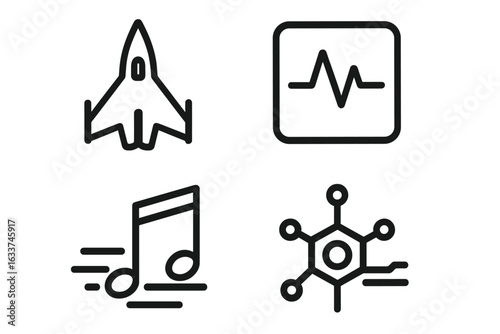 Futuristic Sci-Fi Game Icon Set. Outline Vector of Spaceship Silhouette, Digital Pulse, Fast Music Note, Hex Tech Network. Modern User Interface Elements, Technology, Electronic, Gaming Symbols