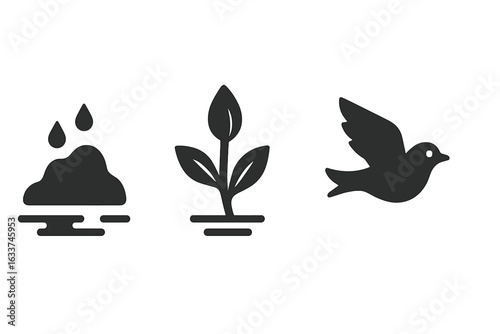 Seasonal Transition Icons Set. Solid Black Silhouette Symbols of Winter to Spring Change: Melting Snow, Budding Plant Growth, Migratory Bird Return, Nature Renewal, Weather Change. Vector Clipart.