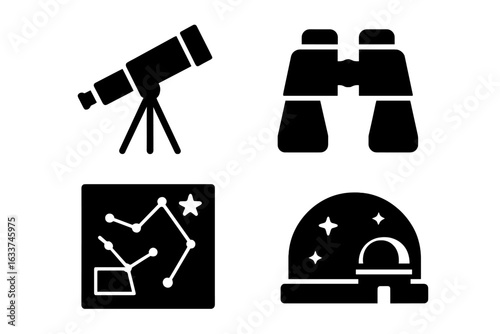 Astronomy Observation Icon Set. Solid Black Vector Collection of Space Exploration Tools—Telescope, Binoculars, Star Chart, Observatory Dome. Science, Stargazing, Space Discovery, Education.