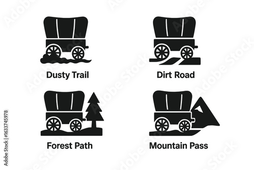 Covered Wagon Trail Icons Set. Oregon Trail, Pioneer Journey Symbol. Solid Vector Icons of Wooden Wagon on Dusty Trail, Dirt Road, Forest Path, and Mountain Pass. American West Adventure, Migration.