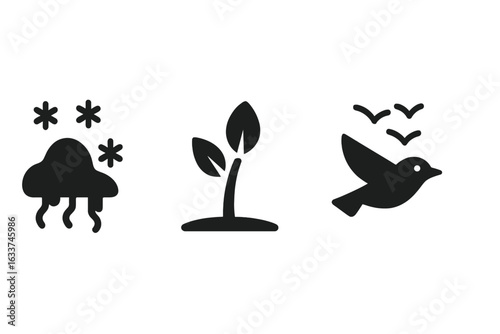 Seasonal Transition Icons Set. Solid Spring Symbols Collection. Melting Snow, Budding Plant Growth, Migrating Bird Silhouettes. Spring Weather Change, Nature Awakening, Eco Concept Vector Illustration