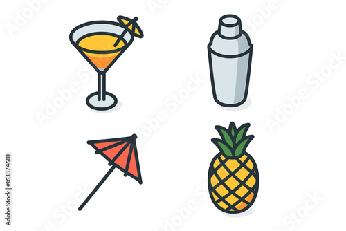 Isometric Seaside Cocktail Icons Set with Tropical Drinks, Cocktail Glasses, Shaker, Umbrella Garnishes, Pineapple Fruit, Summer Party Vector Illustration on Transparent Background