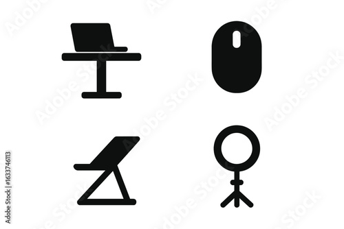 Modern workspace gear solid icon set. Minimalist filled vector symbols of standing desk, wireless mouse, adjustable laptop stand, ring light, office setup, ergonomic workstation, tech accessories