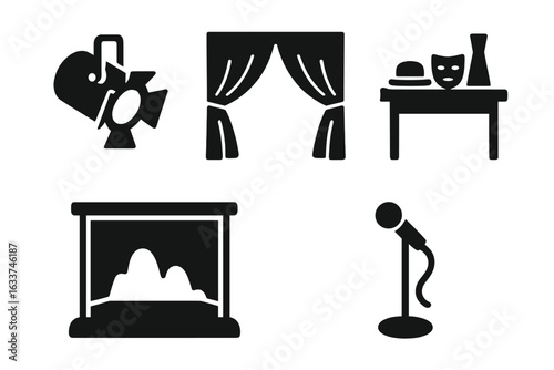 Stage Icon Set. Solid Filled Vector Icons of Theater Elements. Spotlight, Stage Curtains, Props Table, Backdrop, Microphone Stand. Performing Arts, Stage Design, Drama, Presentation Concept