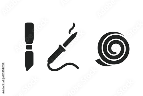 Stained glass making tools icons set. Solid filled vector illustration of stained glass cutter, soldering iron, copper foil tape. Crafting, DIY, repair, glasswork equipment, hand tools, hobby