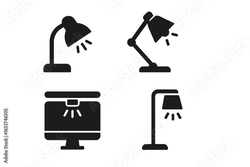 Workspace Desk Lighting Icons Set. Solid Filled Vector Collection of Desk Table Lamps, Adjustable Arm Lamp, Monitor Light Bar, Task Lighting Symbols for Office, Study, Home Workspace.