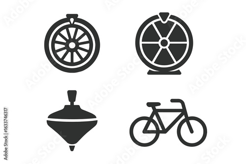 Spinning Wheels Icon Set. Solid Filled Vector Icons Collection: Classic Roulette Wheel, Wheel of Fortune, Spinning Top Toy, Bicycle Symbol. Gambling and Game Icons, Toy and Transport Concepts