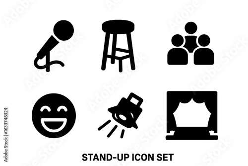 Stand-up comedy icon set, bold vector symbols for comedy show, microphone, stool, spotlight, stage, audience, laugh face, entertainment and humor performance essentials, solid silhouette style