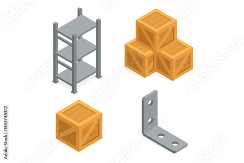 Isometric Warehouse Storage Icon Set. Industrial Shelving Unit System, Wooden Shipping Crate Stack, Metal Support Bracket. Logistics, Inventory, Storage Solutions, Vector Illustration