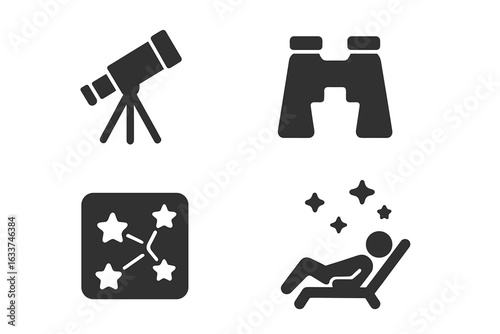 Stargazing tools icons set. Solid black vector telescope, binoculars, star constellation map, person stargazing reclined, astronomy activities, night sky observation, science symbol illustration