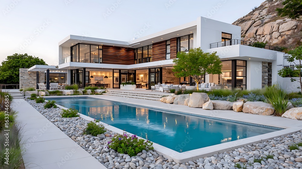 Fototapeta premium Modern Prairie House with Concrete Elements and Futuristic Design by a Swimming Pool