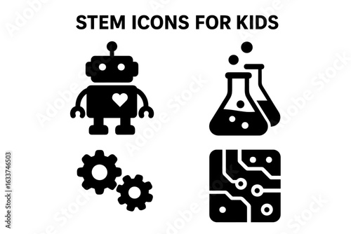 STEM Education Icons for Kids. Solid Vector Set Featuring Robot, Chemistry Flask, Gears, and Circuit Board. Science Technology Engineering Math Learning Symbols. Child-Friendly STEM Design Elements