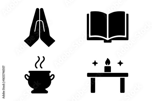 Spiritual Ritual Symbols Icon Set. Solid Filled Vector Icons of Prayer Hands, Open Holy Book, Incense Burner, Sacred Altar with Candle. Religion, Meditation, Worship, Faith, Ceremony Concepts