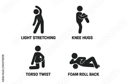 Warm up and cool down exercise icons set. Stick figure fitness poses, light stretching, knee hugs, torso twist, foam roller, physical therapy, rehabilitation, physiotherapy. Vector graphic isolated.