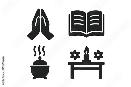 Ritual and Spiritual Symbols Icon Set. Solid vector icons of prayer hands, open holy book, incense burner, altar with candle and flowers. Religious ceremony, meditation, spirituality illustration.