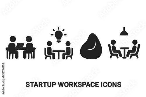 Startup Workspace Icon Set for Modern Office Environment. Team Collaboration, Coworking Space, Brainstorming, Relaxation Area, Beanbag Chair, Shared Desk, Meeting Table. Vector Silhouette Illustration