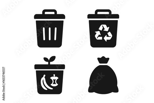 Waste management and recycling vector icons set. Solid black trash bin, recycling bin, compost bin with fruit peel and apple core, garbage bag. Eco-friendly waste separation concept collection.