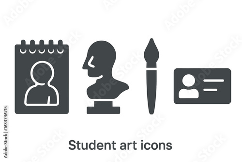 Student art icon set. Solid style vector illustration featuring sketchbook, plaster bust sculpture, paintbrush, student ID card. Art education, creative workshop, drawing tool, exhibition symbols