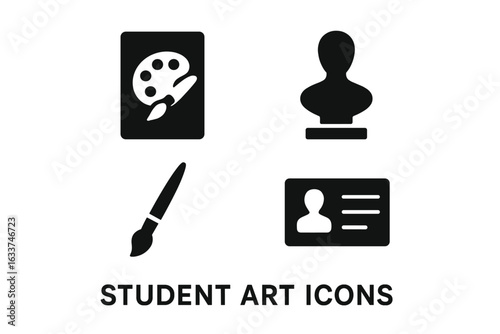 Student Art Vector Icons Set. Solid filled educational symbols: drawing pad with palette, paintbrush, handmade sculpture bust, student ID card. Creative school exhibition, art class, education.