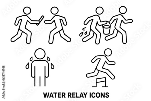 Water relay race outline icons set. Stick figure running baton exchange, water bucket relay, wet teammate, hurdle obstacle. Team sport, summer camp challenge. Vector isolated transparent illustration