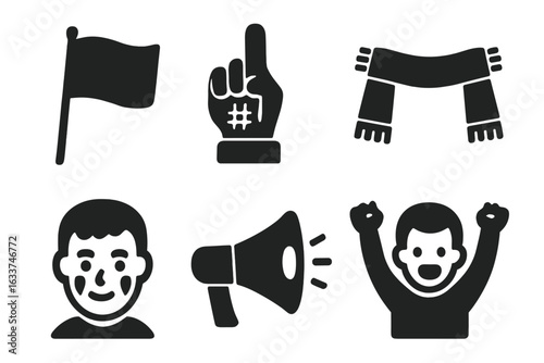Sport fan icons collection. Solid vector set of cheering fan actions, flag waving, foam finger gesture, team scarf, painted face, megaphone cheering. Stadium supporter enthusiasm illustration.