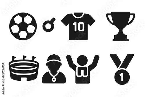 Sports vector icon set for team games and competitions. Solid filled icons of soccer ball, whistle, player jersey, trophy, stadium, coach, fan, and first place medal. Modern athletic clipart.