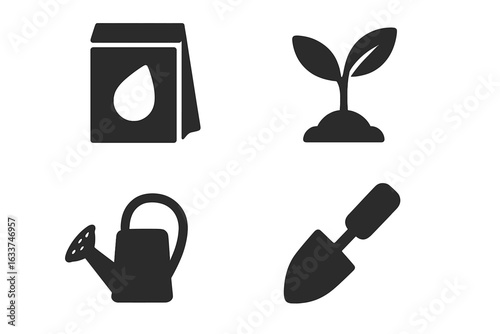 Solid Vector Spring Gardening Icons Set. Seed Packet, Sprouting Seedling, Watering Can, Garden Trowel. Essential Plant Growing Tools for Gardeners. Flat Black Silhouette Clipart Collection