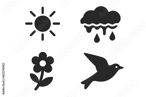 Seasonal Spring Renewal Icons Set. Solid Filled Vector Icons for Sun, Melting Snow, Rain Cloud, Early Blooming Flowers, Migratory Bird, Weather Change, Nature Awakening, Fresh Start Concepts