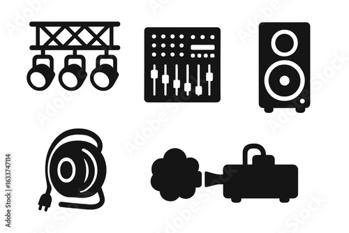 Stage Equipment Vector Icons Set – Solid Filled Silhouette Symbols of Lighting Rig, Sound Mixer, Audio Speaker, Power Cable Reel, Smoke Fog Machine. DJ, Concert, Theater, Party Production Essentials