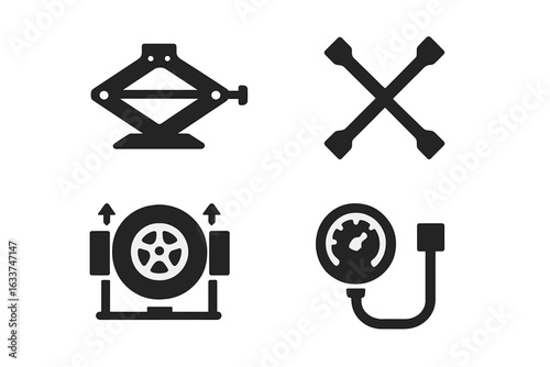 Car Wheel Tools Vector Icons Set. Solid Filled Symbols of Scissor Jack, Lug Wrench, Wheel Alignment, Tire Pressure Gauge. Automotive Maintenance, Repair Equipment, Garage Service Tool Illustration