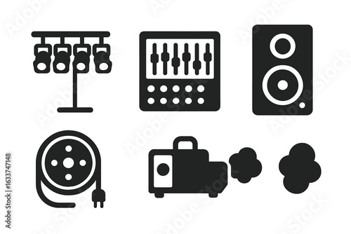 Stage Equipment Vector Icons Set. Solid Filled Symbols of Concert Lighting Rig, Sound Mixer, Audio Speaker, Power Cable Reel, Fog Machine, Entertainment Event Gear for Music, Theater and DJ Production
