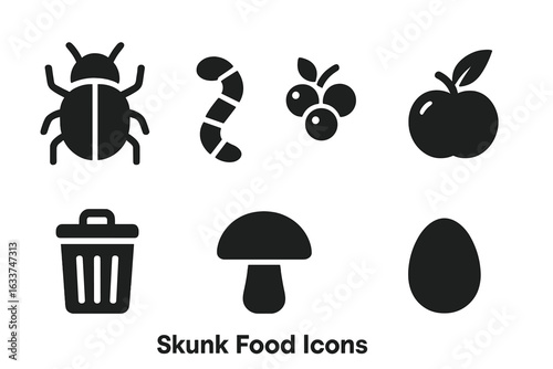 Skunk Diet Food Icons Set. Solid Black Insect, Beetle, Worm, Berry, Fruit, Apple, Trash, Garbage Can, Mushroom, Egg Silhouette Symbols. Vector Wildlife Animal Scavenger Eating Habits Illustration