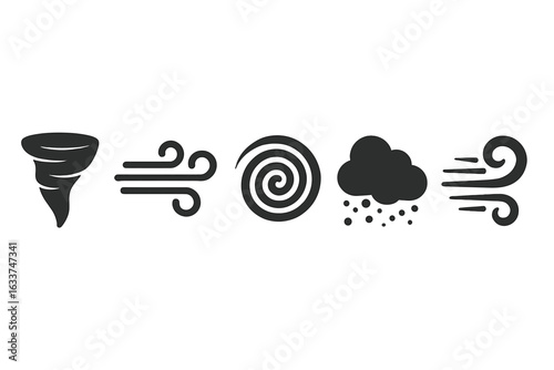 Wild Wind Phenomena Vector Icons Set. Solid Filled Style Tornado, Gust of Wind, Whirlwind, Dust Storm, Gale Force Weather Symbols, Meteorology, Storm Elements, Natural Disaster Illustration