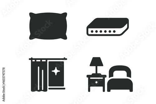 Sleep Environment Black Icon Set, Bedroom Interior Essentials: Pillow, Mattress, Blackout Curtains, Bedside Table, Modern Bed, Sleep Comfort, Hotel and Home Decor, Vector Illustration