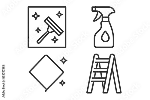 Window Cleaning Vector Icons Set. Outline Glass Cleaning Tools: Squeegee, Spray Bottle, Microfiber Cloth, Ladder. Housekeeping Equipment Collection. Home Maintenance, Janitorial Supplies Illustration
