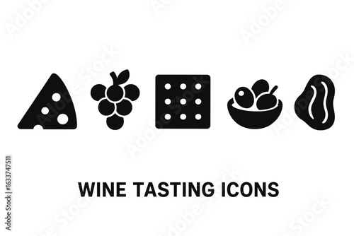 Wine tasting icons set. Solid filled vector symbols of cheese slice, grape bunch, cracker, olive bowl, cured meat, snacks and appetizers, sommelier tasting event, gourmet party, restaurant menu