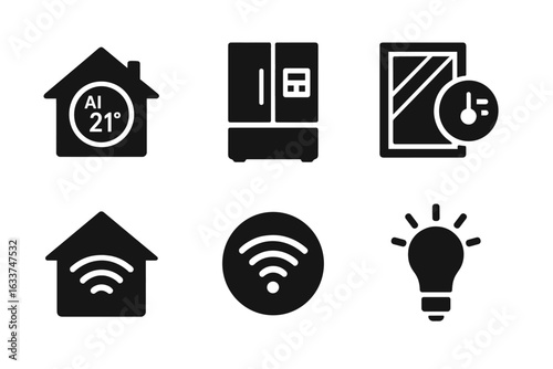 Smart home technology icon set. Solid vector symbols of AI thermostat, smart refrigerator, Wi-Fi house, wireless network, window temperature control, smart lighting, automation devices.