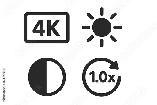 4K Video Settings Icons Pack. Solid vector icons for video resolution, brightness, contrast, playback speed. Modern digital media control, player interface symbols. Editable set for transparency use.