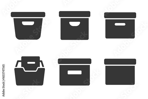 Solid Filled Storage Box and Bin Icons Set. Archive File Storage, Plastic Container, Stackable Drawer, Labeled Document Organizer, Office and Home Supply, Black Vector Illustration