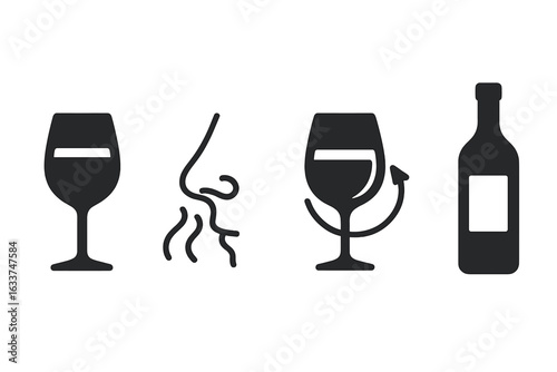 Wine tasting icons set. Solid vector symbols of wine glass, aroma, smell, swirl gesture, bottle label. Wine appreciation, sommelier tools, tasting process, beverage sampling concept, black silhouette