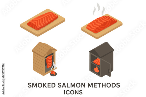 Smoked Salmon Methods Isometric Vector Set. Cold and Hot Smoked Salmon Fillet on Board. Traditional Smoking, Curing, Fish Smoker Equipment. Detailed Food Preparation Process Icon Collection.