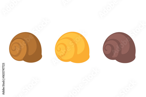 Isometric snail shell icon set. Colorful vector illustration of garden snail shell, apple snail shell, mystery snail shell. Spiral snail shells collection. Isolated gastropod shells illustration