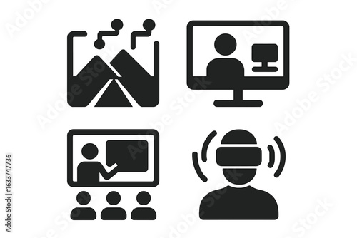 Virtual environments icon set. Digital landscape, VR headset, online learning, virtual office, e-learning classroom, remote education, video conference meeting, virtual reality technology vector