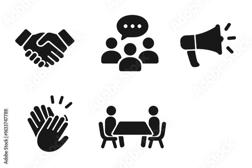 Social Interaction Vector Icon Set. Handshake, Group Chat, Megaphone, Applause, Meeting Table. Community Engagement, Teamwork, Communication, Agreement, Conference, Business Collaboration Concept.