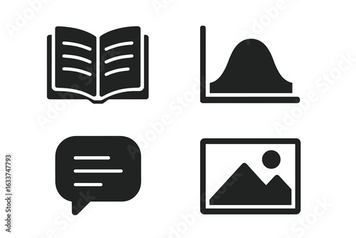 Storytelling vector icon set. Solid filled icons of open book, narrative arc graph, speech bubble dialogue, visual scene landscape. Multimedia communication, literature, graphic storytelling concepts.
